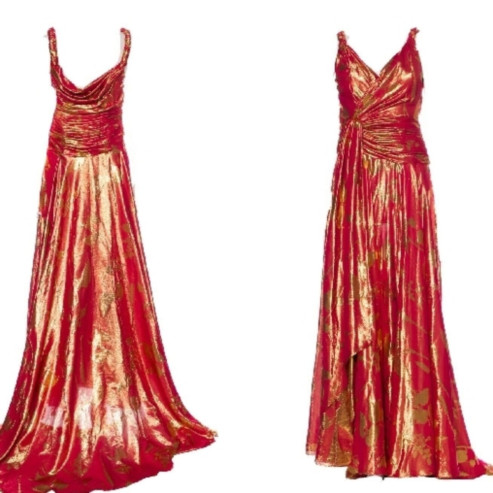 *$8,000 NWT OSCAR DE LA RENTA RED ORANGE GOLD SILK RUNWAY GOWN US 0 XS - Picture 5 of 11